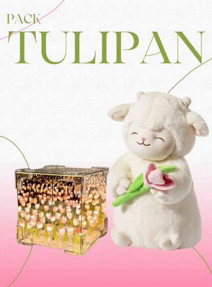 corderito de peluche y tulipan