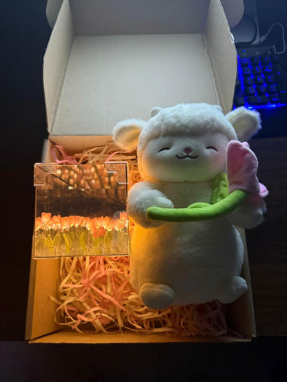 corderito de peluche y tulipan